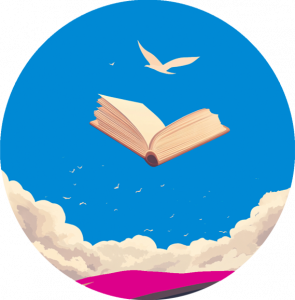 Illustration of a bird flying above the clouds. Beneath it is a book, flying like a bird.